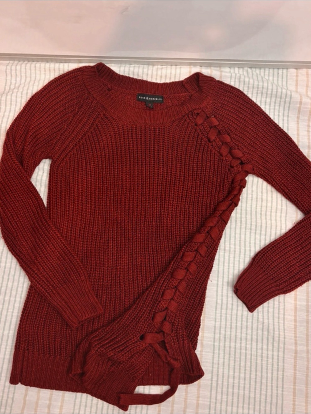 Rock & Republic Rust Red Lace-Up Crewneck Sweater